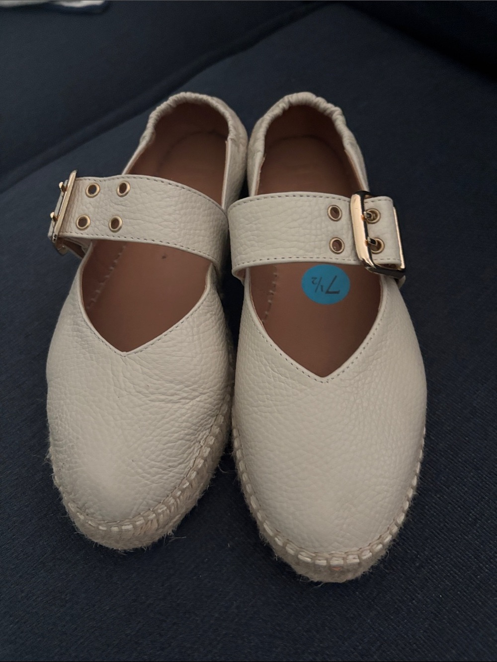 Cream Leather Mary Jane Espadrille Mules with Gold Buckle